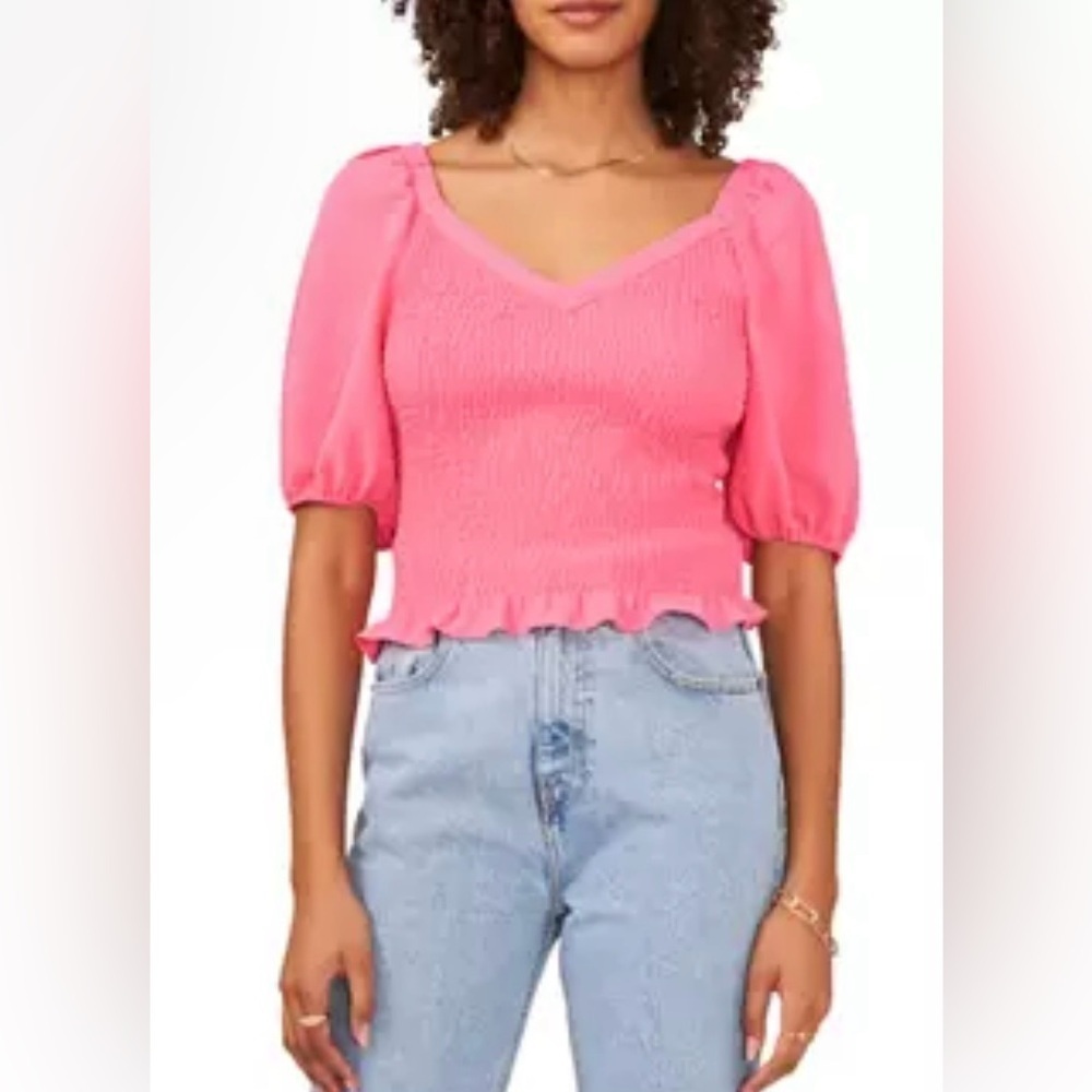 1. State Women’s size Large puff sleeve V neck smocked top in juneberry NWT
